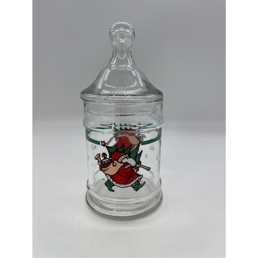 1990 Santa Glass Candy Jar with Lid Made by CHD 6" Tall Christmas Tree Toy Decor